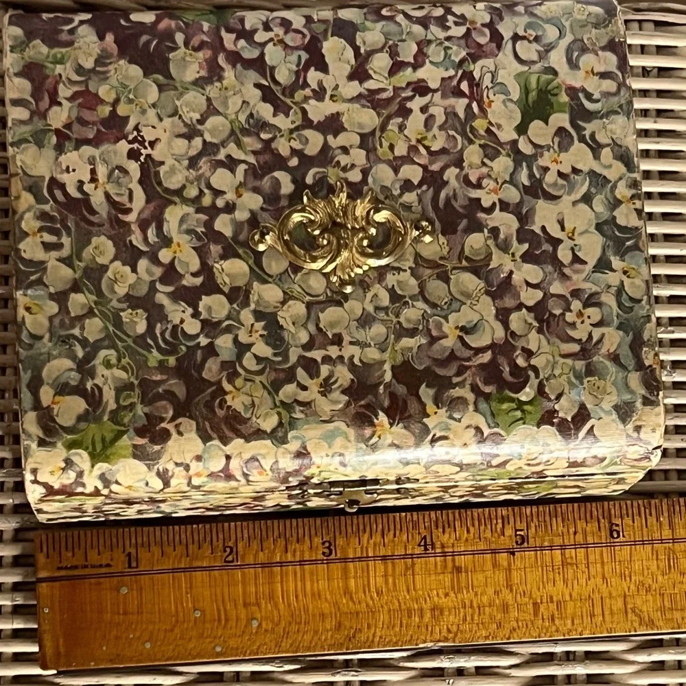 Vintage Decoupage Floral Jewelry Box Keepsake Box Ruched Pink Lining Mid century